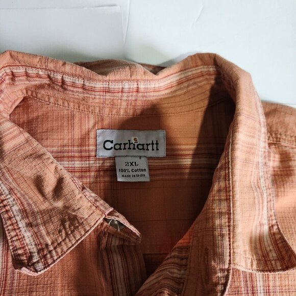 Carhartt Shirt Men's 2XL Short Sleeve Button Up Orange Striped Pocket Cotton - Picture 3 of 7